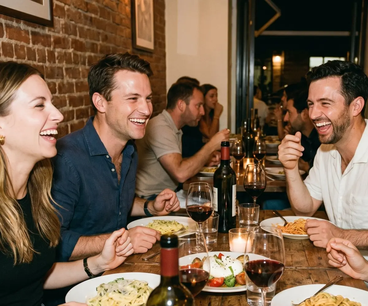 Vier Leute lachen gemeinsam an einem langen Holztisch beim Abendessen